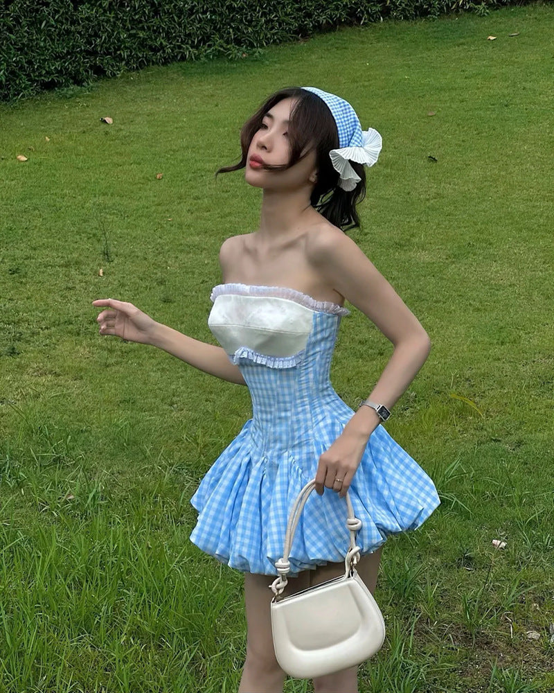 Flowering Girl Women stephanie plaid strapless puffy mini dress - blue