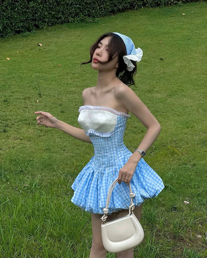 stephanie plaid strapless puffy mini dress - blue