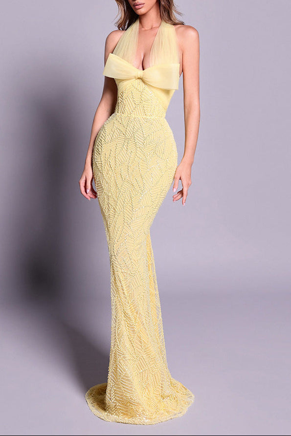 Irene Halterneck Bowknot Beaded Bodycon Maxi Dress In Yellow