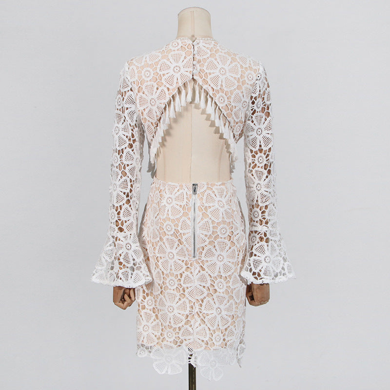 Flowering Girl Women Embroidered hollow mini dress in white