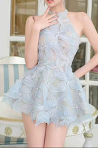 Halter 3D Floral Rhinestone Sheer Mini Dress