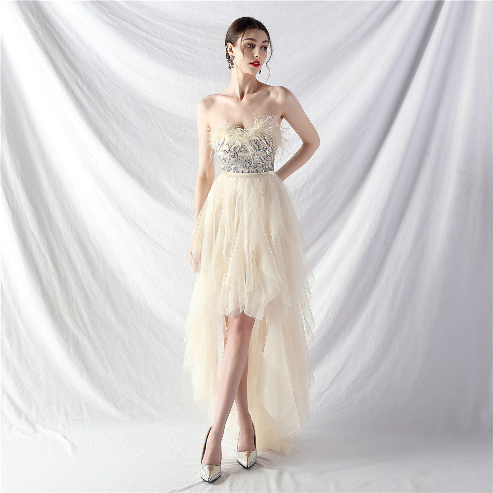 Strapless Feather Tulle Midi Dress