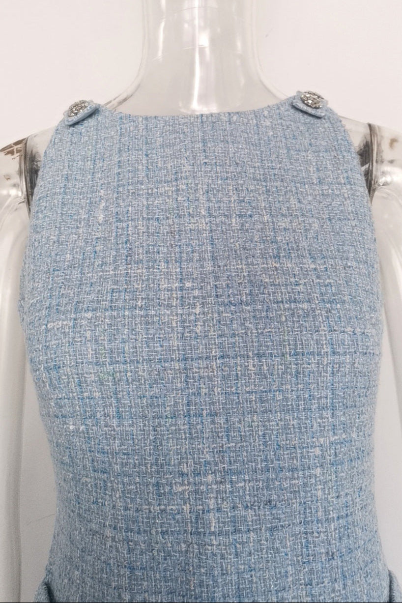 Flowering Girl Women Halter Neck Tweed Vest Mini Dress In Blue