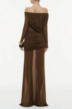 cara Off-shoulder long sleeve pleated mesh maxi dress in brown