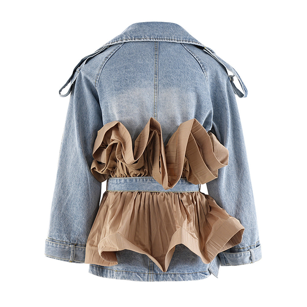 Flowering Girl Women Patchwork Ruffle Denim Tunic Coat