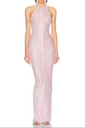 Hollow Mesh Rhinestone Sleeveless maxi Dress in pink