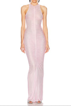 Flowering Girl Women Hollow Mesh Rhinestone Sleeveless Maxi Dress In Pink