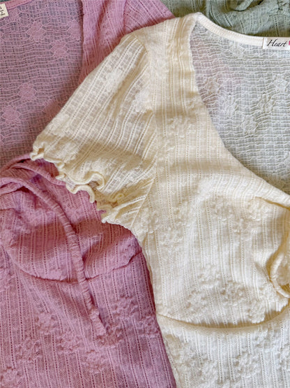 Ruched Front Ruffle Short Sleeve U-Neck Knit Top
