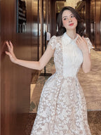 Leila White 3D Flower Embroidery Bow Lace Midi Dress