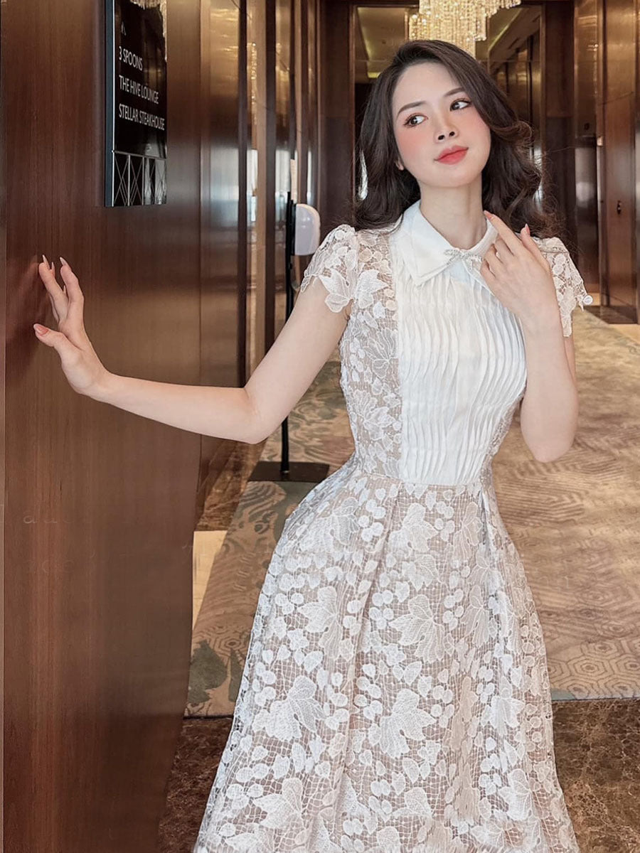 Leila White 3D Flower Embroidery Bow Lace Midi Dress