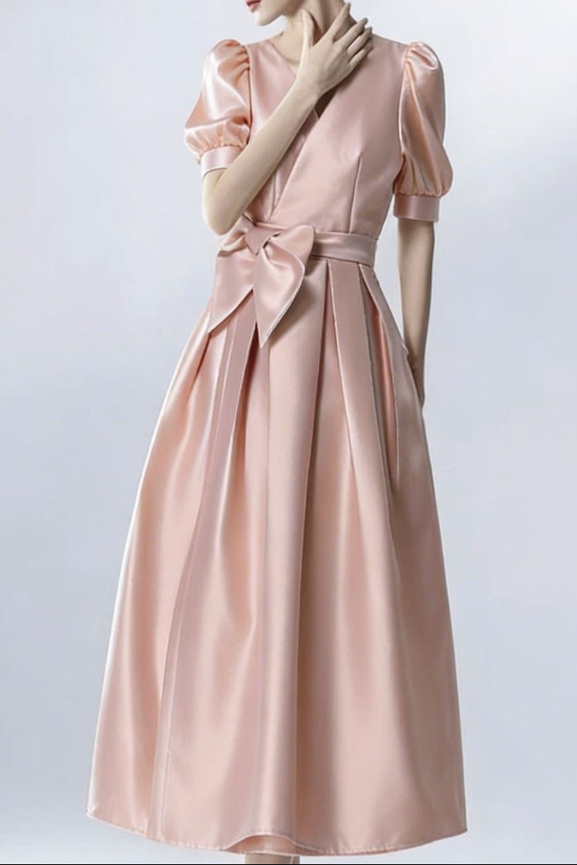 Satin Puff Sleeve Bow Belt Midi Dress