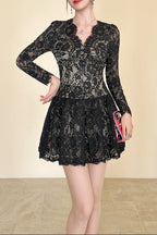 Sabrina Black Lace Hollow Long Sleeve a-Line Mini Dress