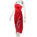 Flowering Girl Women Strapless Flower Satin Midi Dress