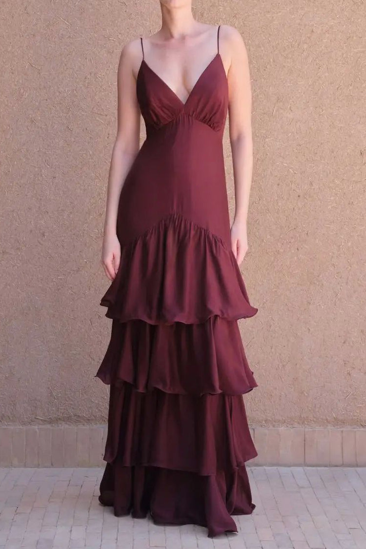 Flowering Girl Women lorraine Waist-cinching backless camisole cake maxi dress - burgundy