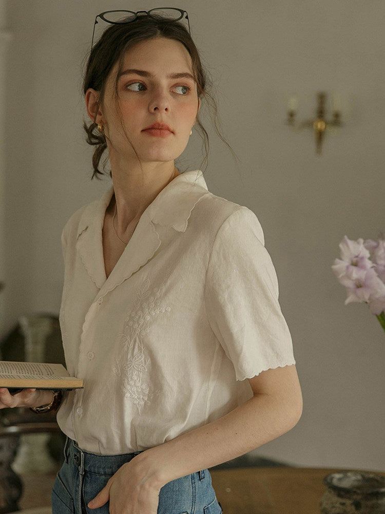 White Embroidered Lace Short Sleeve Shirt Top