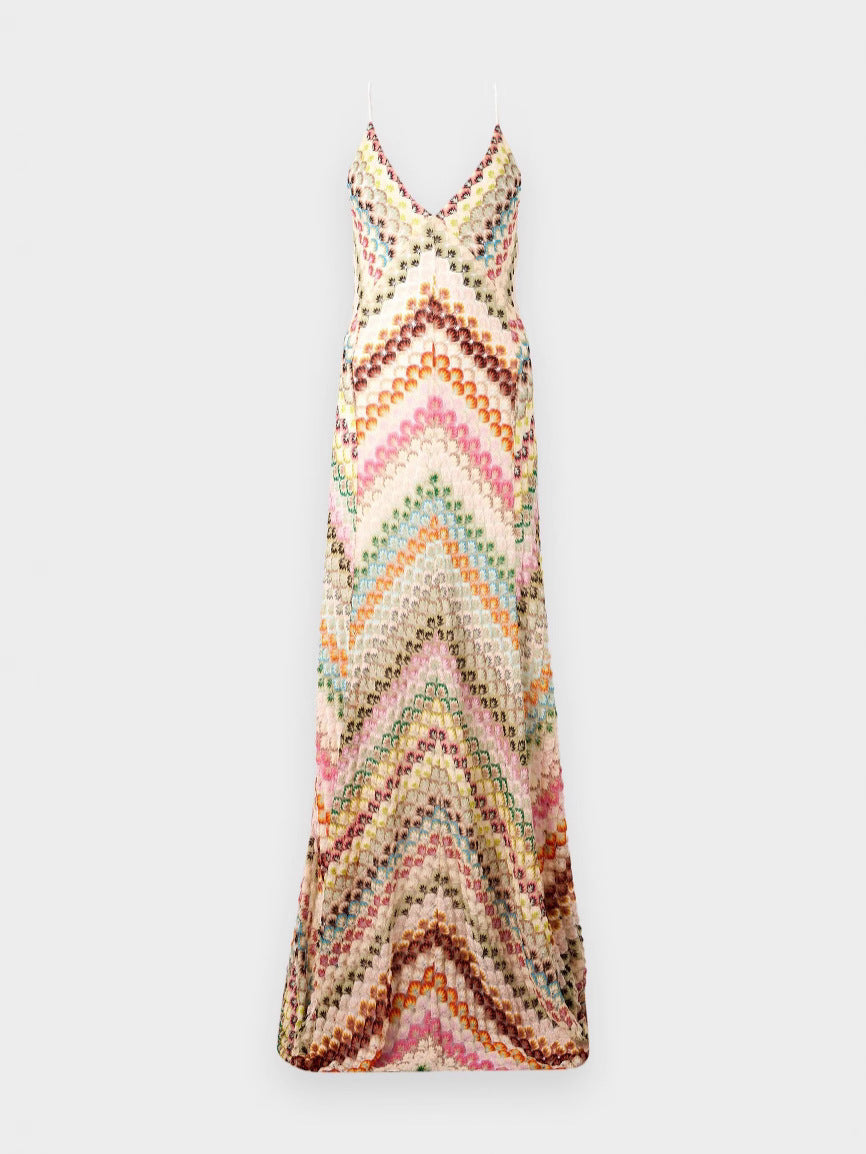 Flowering Girl Women Chevron Rainbow Crochet Cross-Back Spaghetti Strap Maxi Dress