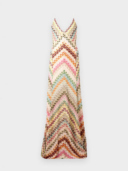 Chevron Rainbow Crochet Cross-Back Spaghetti Strap Maxi Dress