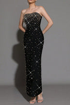 Flowering Girl Women Pearl Rhinestone Beaded Strapless Black Maxi Dress