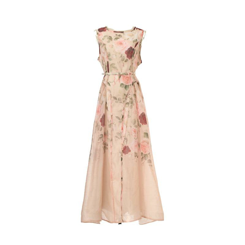 Sleeveless Rose Print Mesh Maxi Dress
