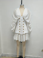 Flowering Girl Women trista white V-neck mesh pleated cinched waist with belt