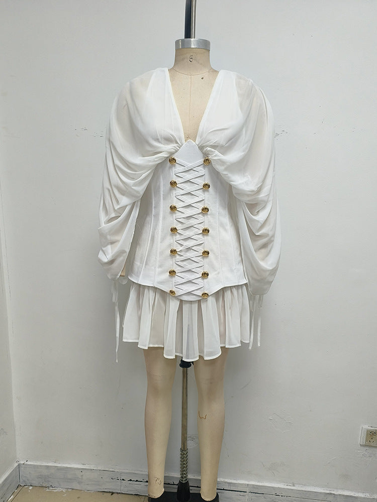 Flowering Girl Women trista white V-neck mesh pleated cinched waist with belt