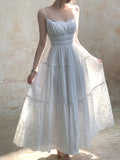 Flowering Girl Women Cotton Embroidered Spaghetti Strap maxi Dress - white