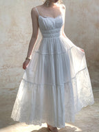 Flowering Girl Women Cotton Embroidered Spaghetti Strap maxi Dress - white