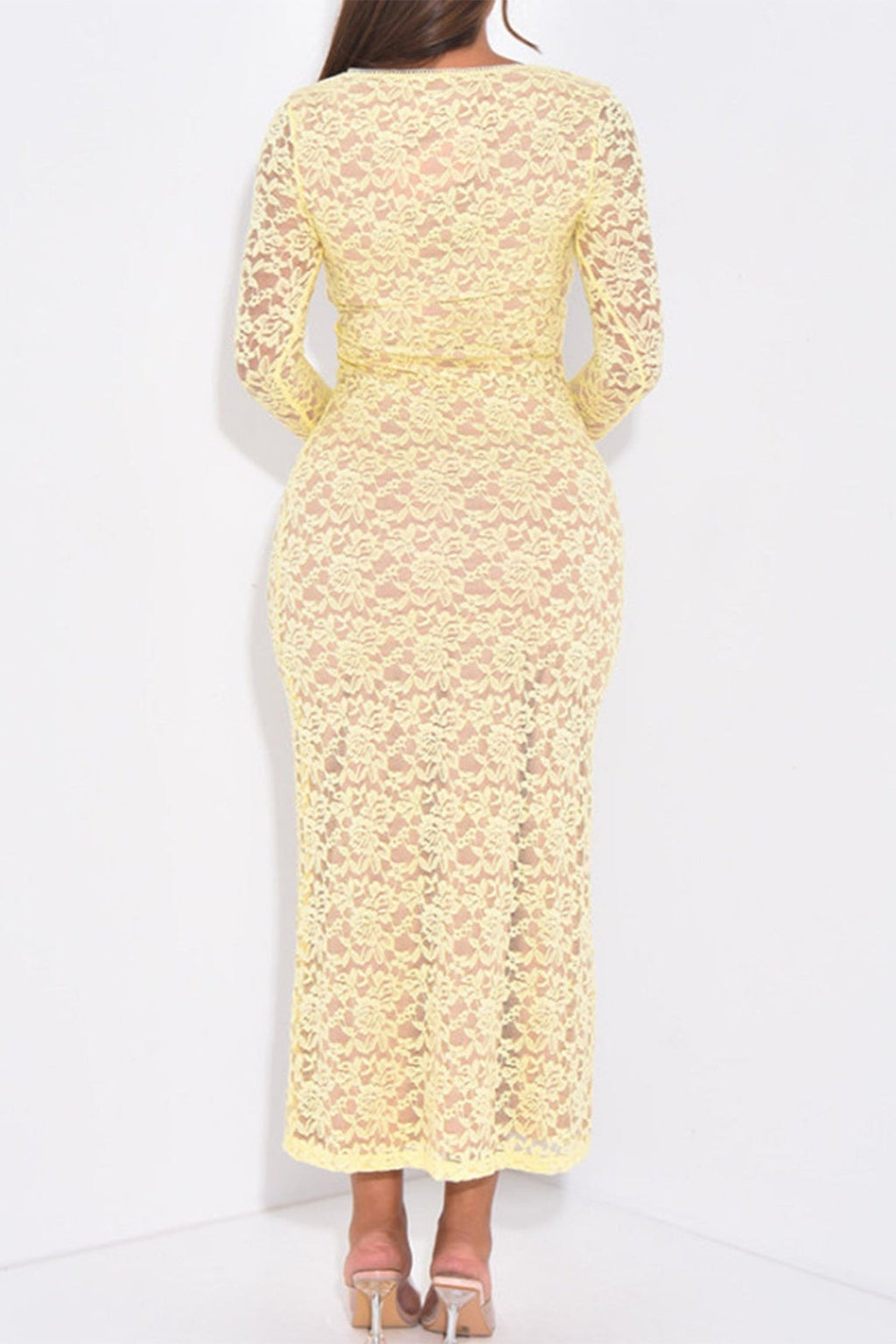 Flowering Girl Women yellow Lace Cutout Long Sleeve maxi Dress