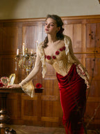 Claire Wild Rose Corset Maxi Dress - Gold / Red