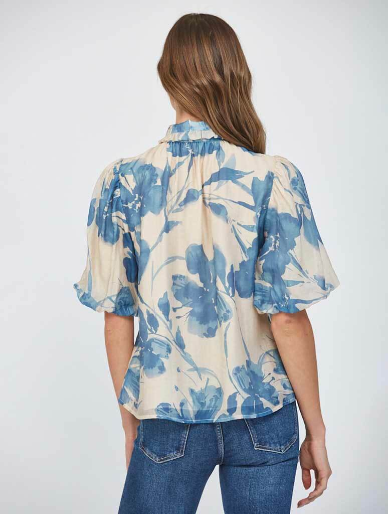 Beige & Blue Watercolor Floral Bow Neck Puff Sleeve Blouse