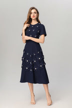Katherine 3d Flower Appliqué Midi Dress In Navy Blue