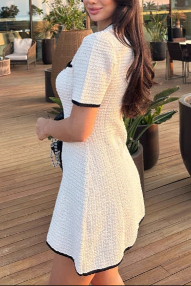 Flowering Girl Women white knitted short-sleeved button-down mini dress