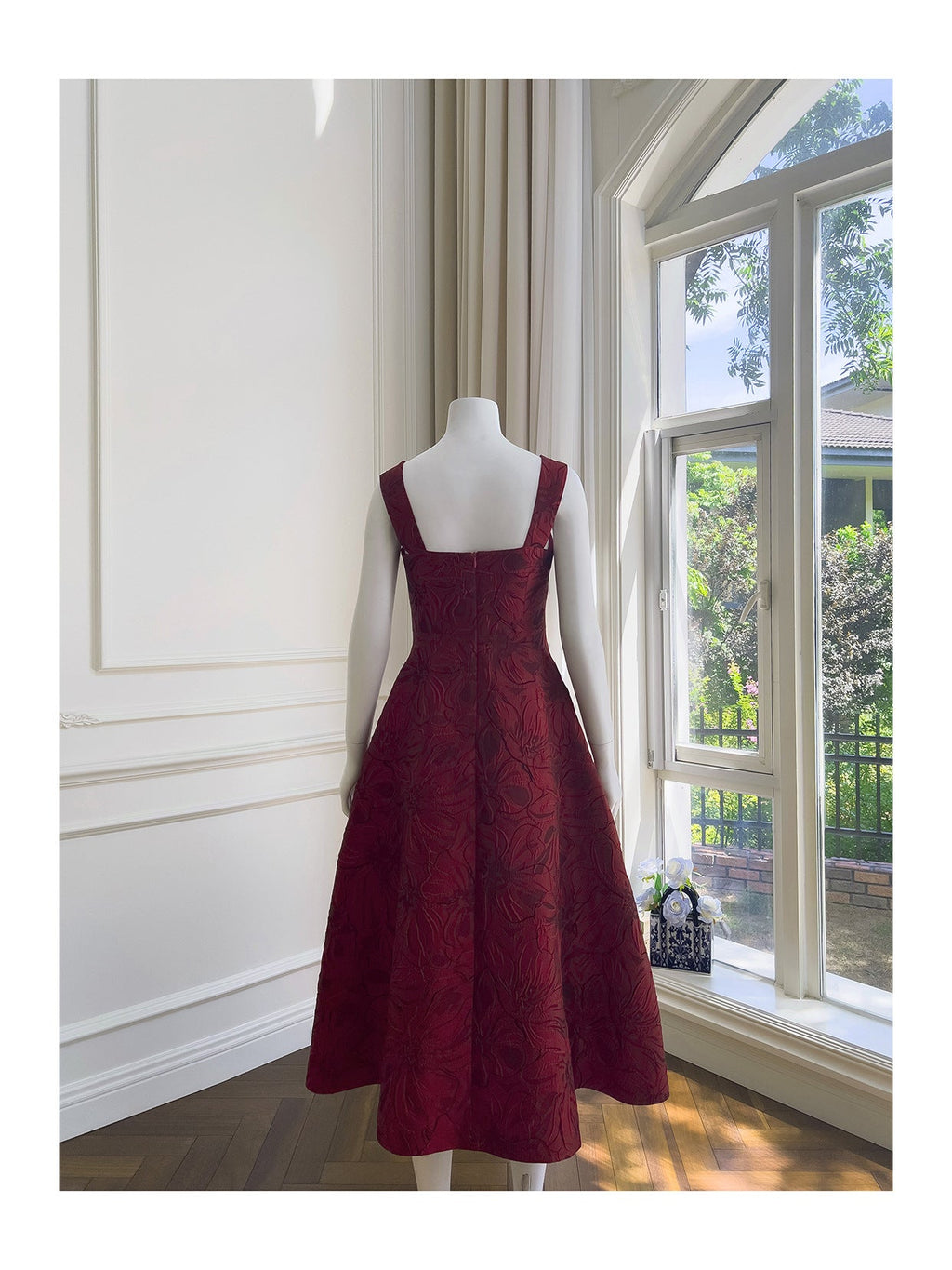 Burgundy Jacquard Camisole Midi Dress