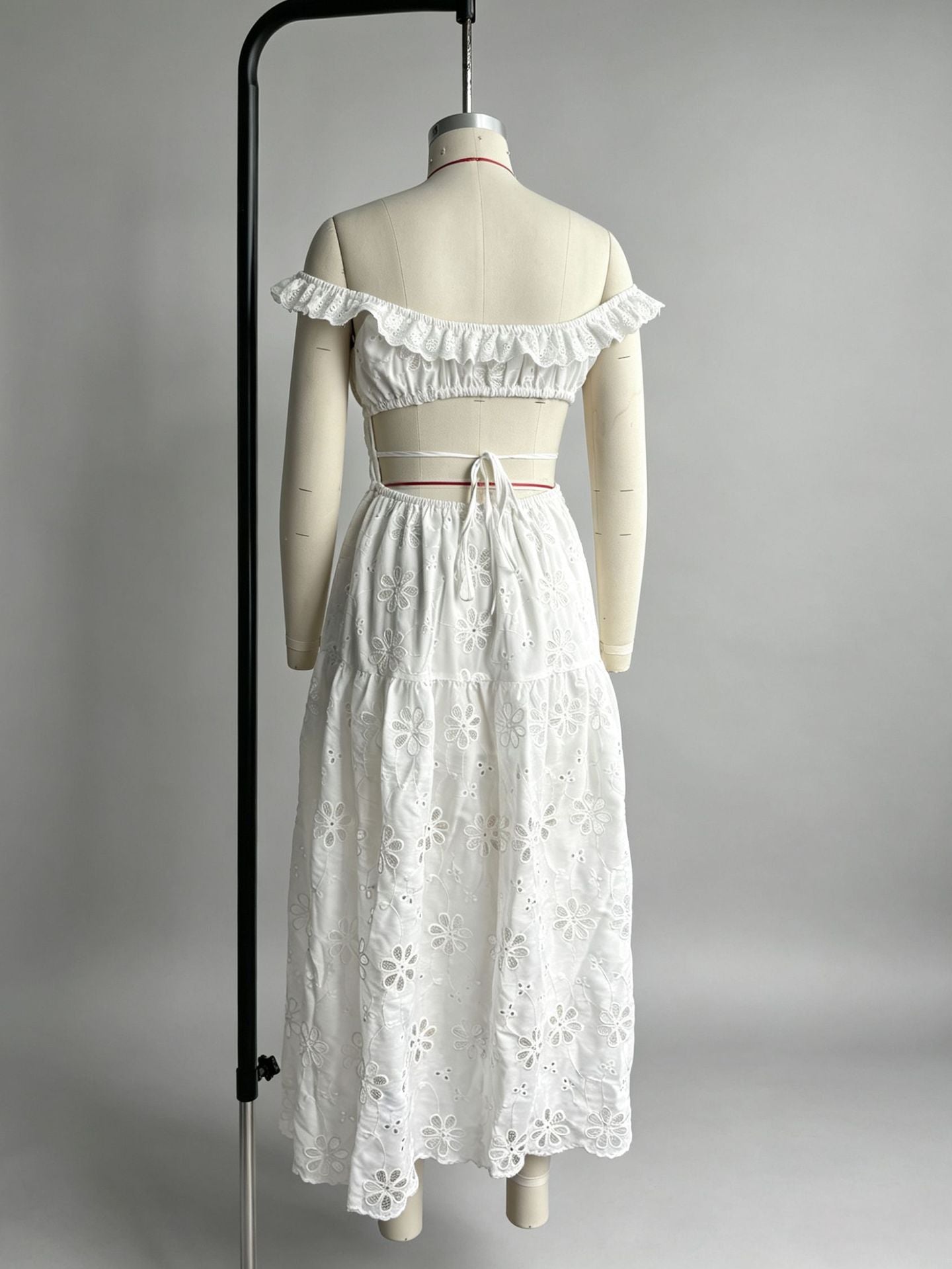 Ruffled square neck embroidered backless slit maxi dress - white
