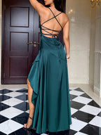 Flowering Girl Women dark green suspender slits maxi dress