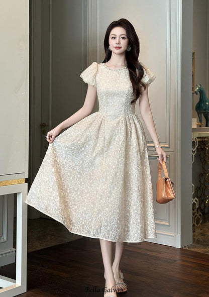 pearl neck Puff sleeve flared lace maxi dress - apricot