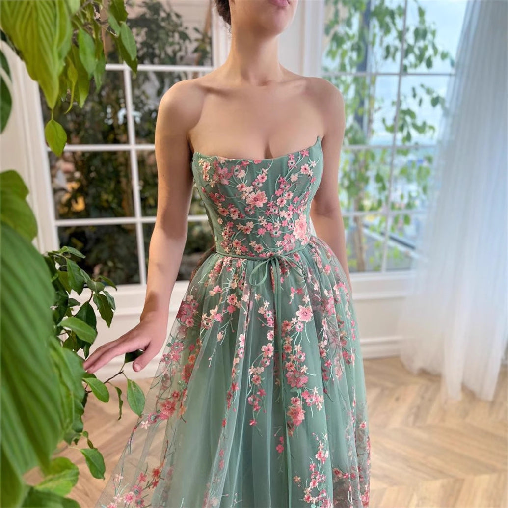 Flowering Girl Women Strapless Floral Tulle Ballerina Midi Dress