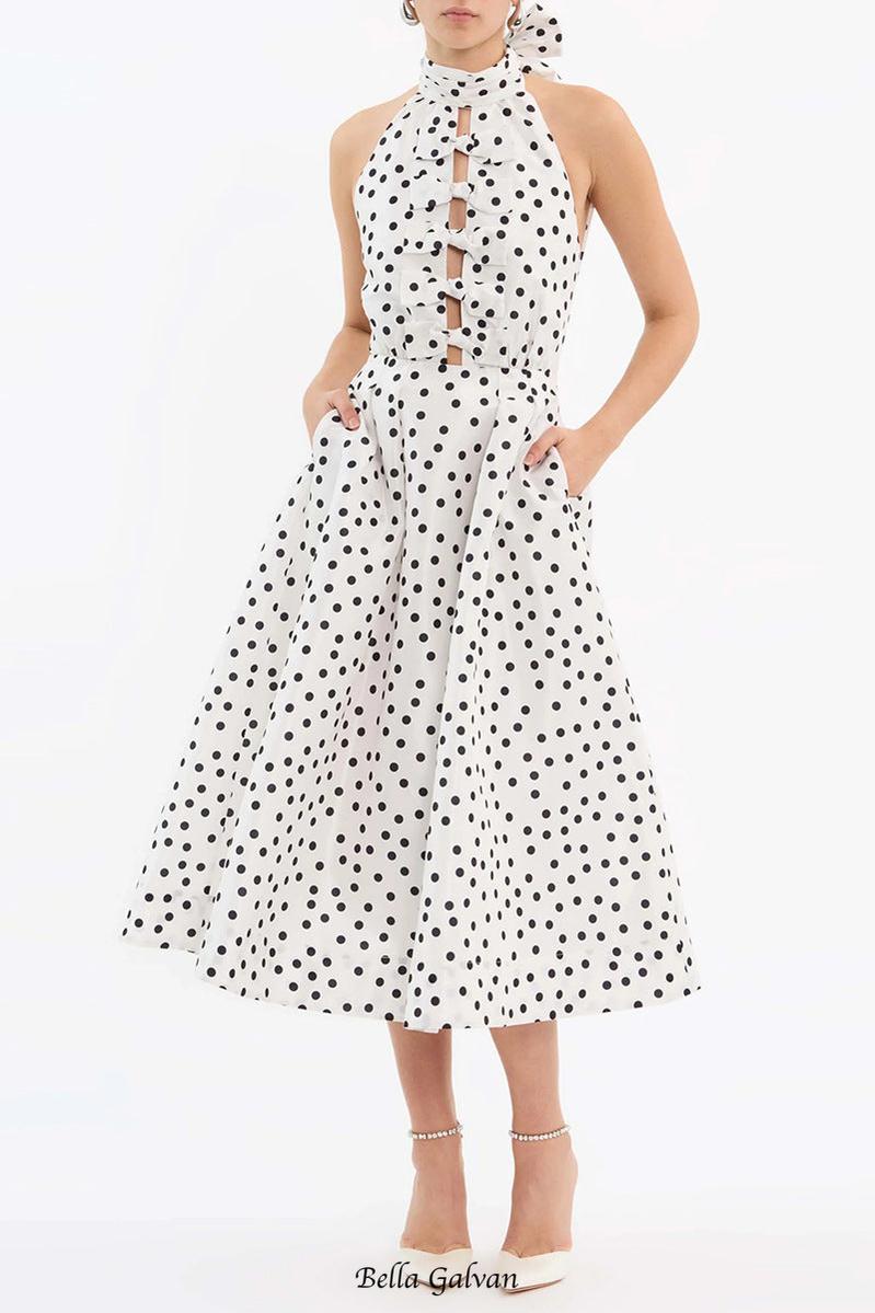 Flowering Girl Women Bow Polka Dot Halter Neck Midi Dress in white