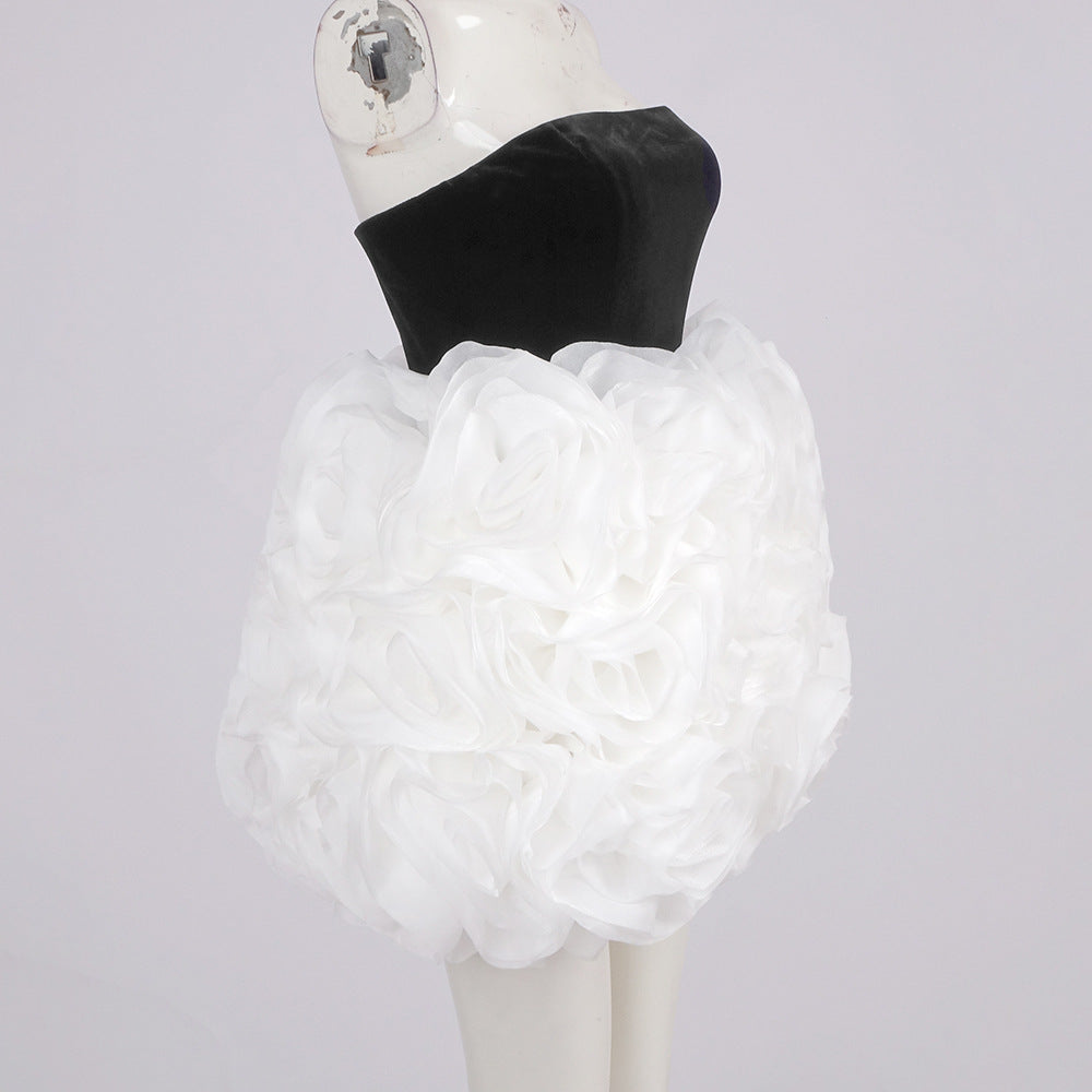 Flowering Girl Women tina white 3d flowers strapless black mini dress