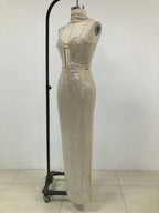Silver Crystal Mesh Keyhole Cutout Mermaid Gown