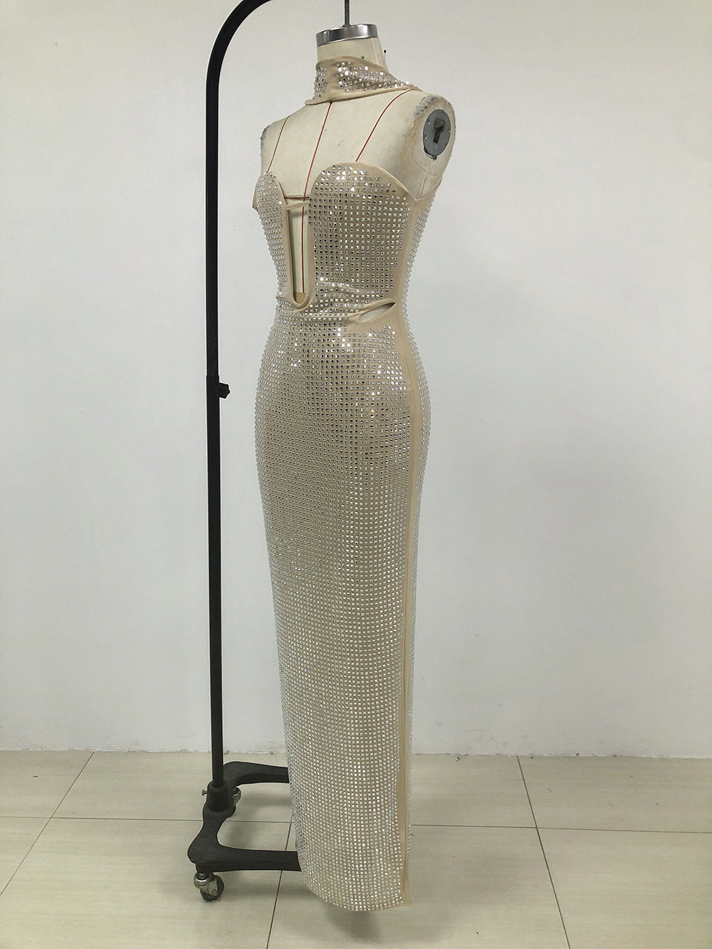 Silver Crystal Mesh Keyhole Cutout Mermaid Gown