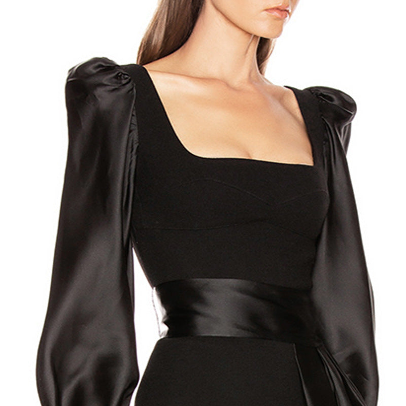 Octavia Black Square Neck Satin Mini Dress With Belt