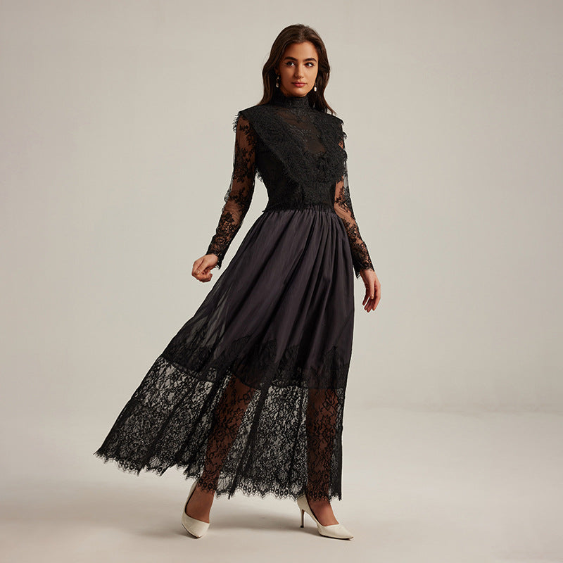 Lila Flowerr Lace Embroidery Maxi Dress Set In Black