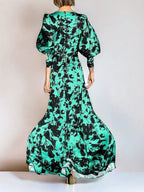 Acetate Satin Floral Dress Women's Vintage Green Lantern Sleeve V-neck Long Skirt Women's Design Sense 2024 Spring/Summer