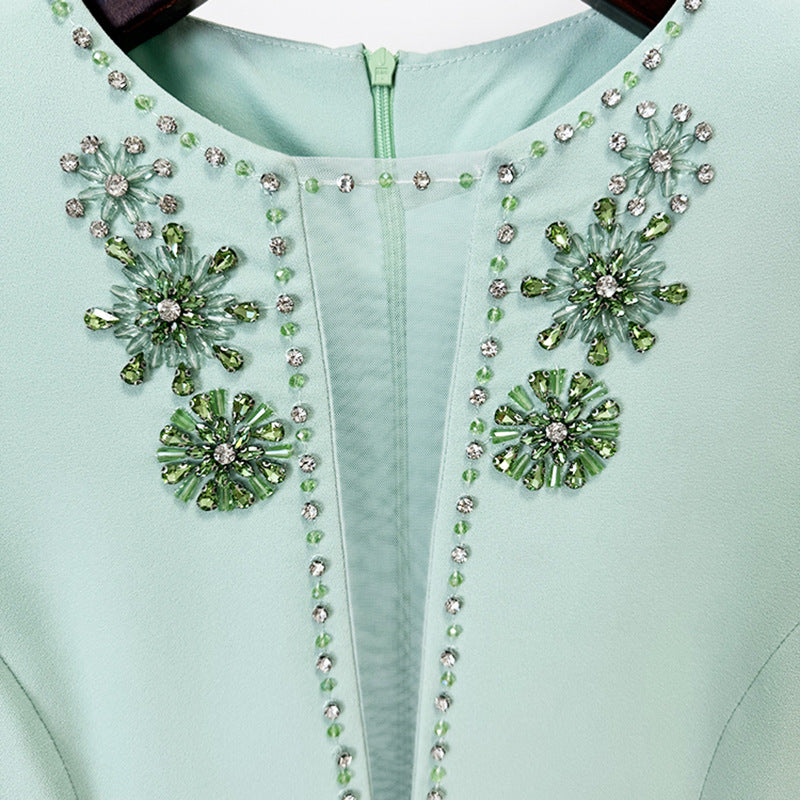 Flowering Girl Women mesh splicing bead diamond mid-sleeve mint green long dress