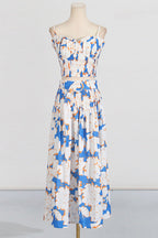 Flowering Girl Women Pleated Floral-Print Linen Bustier Top Skirt Set In Blue