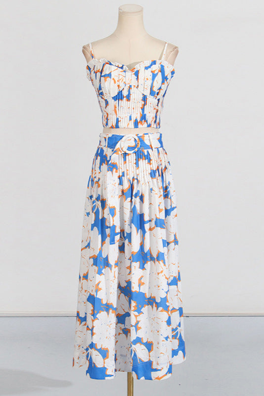 Flowering Girl Women Pleated Floral-Print Linen Bustier Top Skirt Set In Blue
