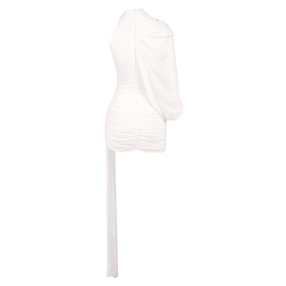 Flowering Girl Women off-shoulder single-sleeve pleated bodycon Ribbon mini dress - white