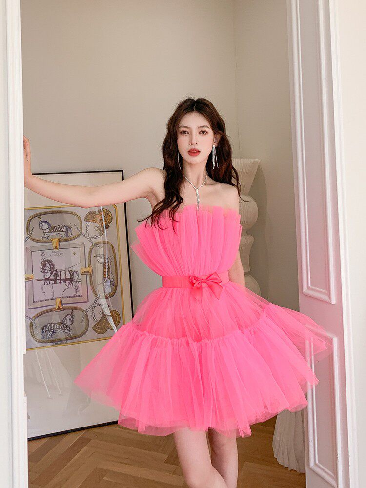 Frederica Bow-Accent Waist-Cinched Strapless Dress - Pink