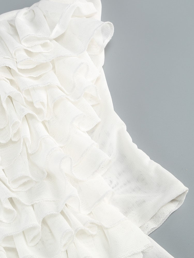 Flowering Girl Women Helen Halter Ruched Mesh Floral Mini Dress In White